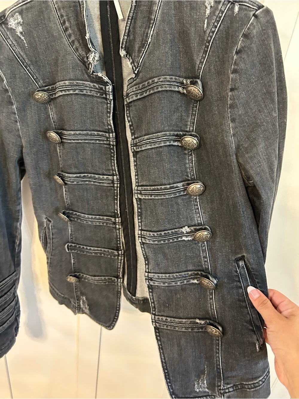 Free People black military-style distressed denim jacket - Picture 5 of 9